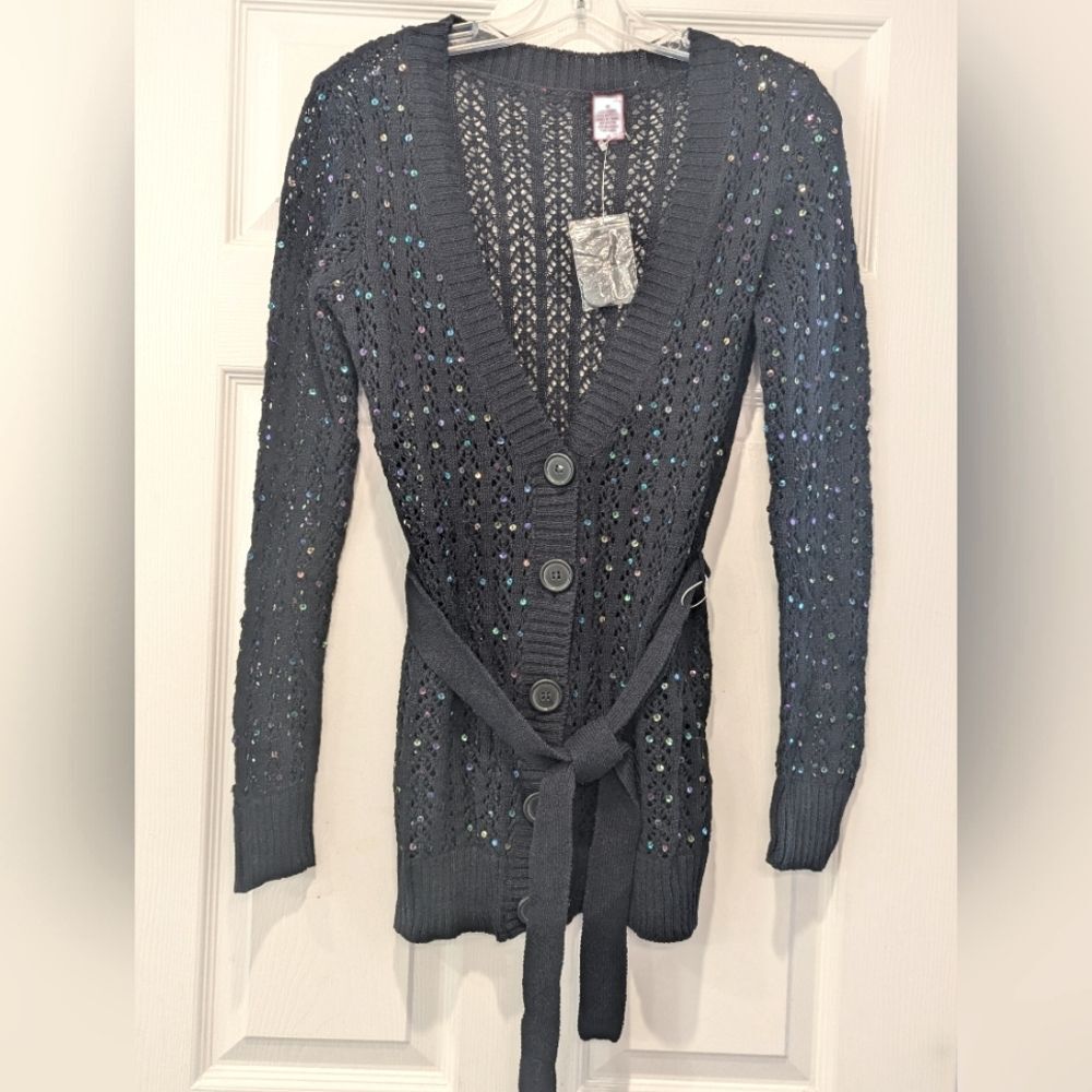 New Black Long Cable Knit Button Belted Cardigan Sweater Sequins Crochet Size M
